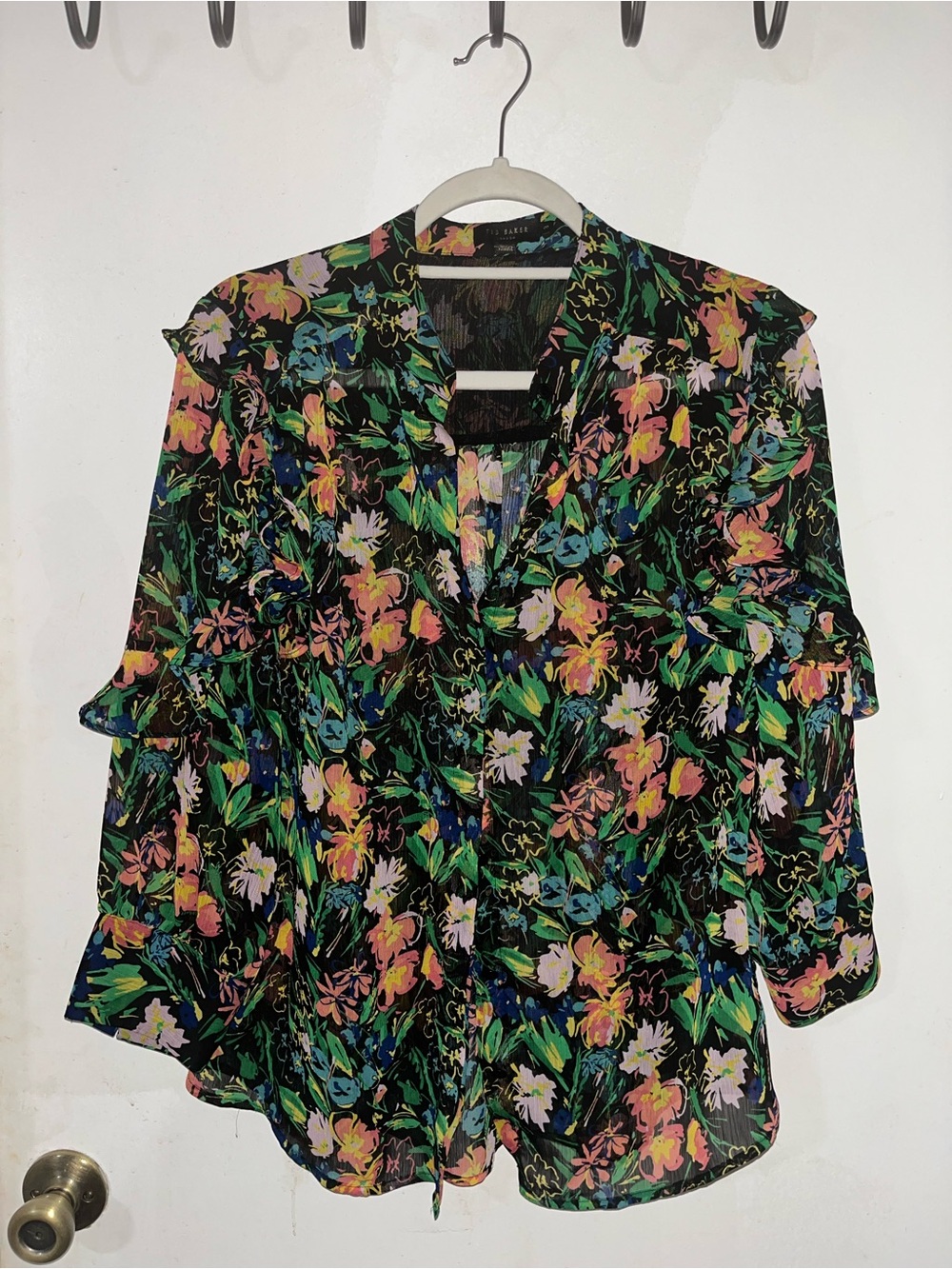 Ted Baker London Black Floral Ruffle-Trim Blouse